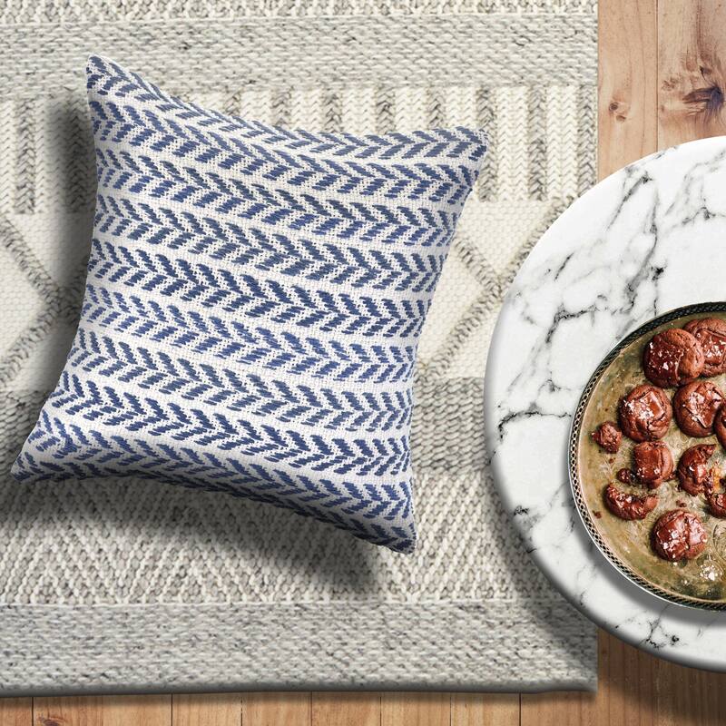 Handwoven Coastal Chevron Throw Pillows - 18" - White and Blue - Set of 2