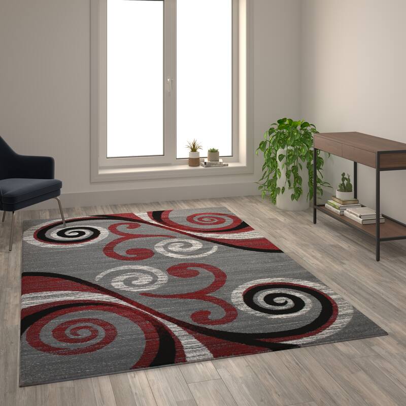 Modern Distressed Swirl Abstract Style Indoor Area Rug - 72"W x 108"D x 0.5"H - Red