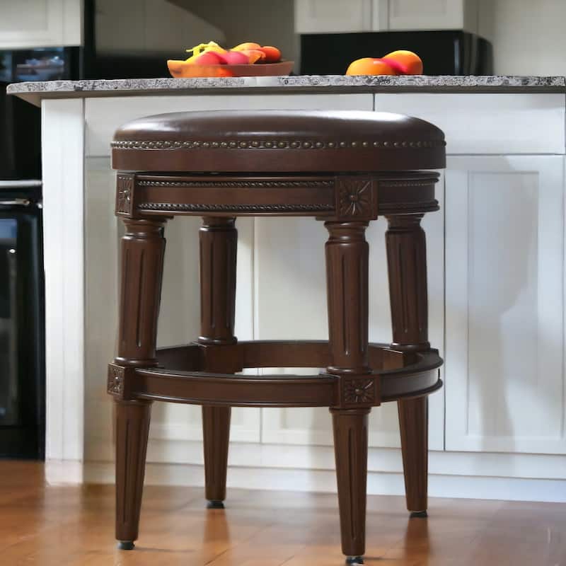 Brown Wood Frame Swivel Counter Bar Chair with Faux Leather Round Seat
