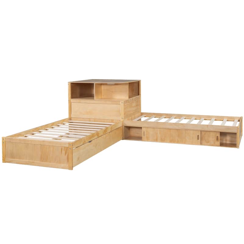 Twin Size L-shaped Bed Frame with Trundle Bed and Storage Cabinets, Desk, Lighting, Corner Platform Storage Bed Frame