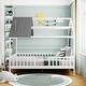 preview thumbnail 2 of 12, White+Gray Full Pine House Platform Bed with Roof and Fence