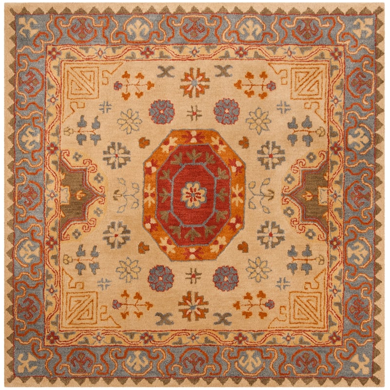 SAFAVIEH Handmade Heritage Damask Vine Traditional Oriental Wool Rug - 8' Square - Beige/Multi