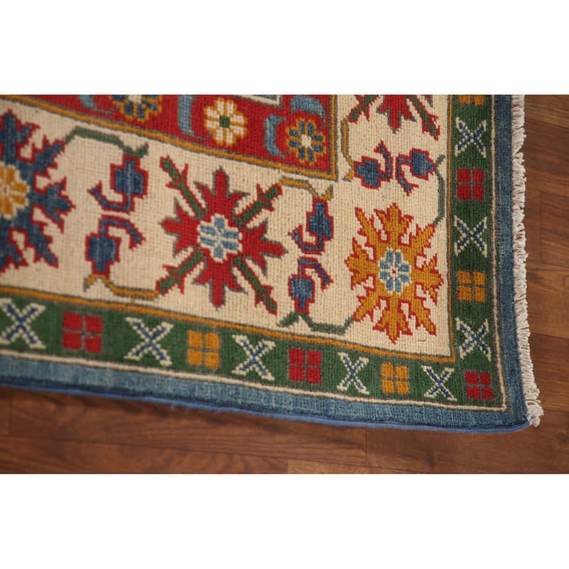 Blue Geometric Kazak Area Rug Hand-Knotted Wool Carpet - 6'10" x 9'7"