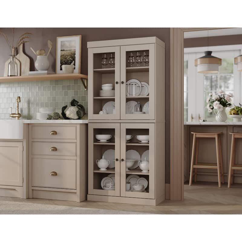 Palace Imports 100% Solid Wood Pantry Cabinet with Frosted, Clear Glass or Solid Doors and Adjustable Shelves - Beige - Clear Glass