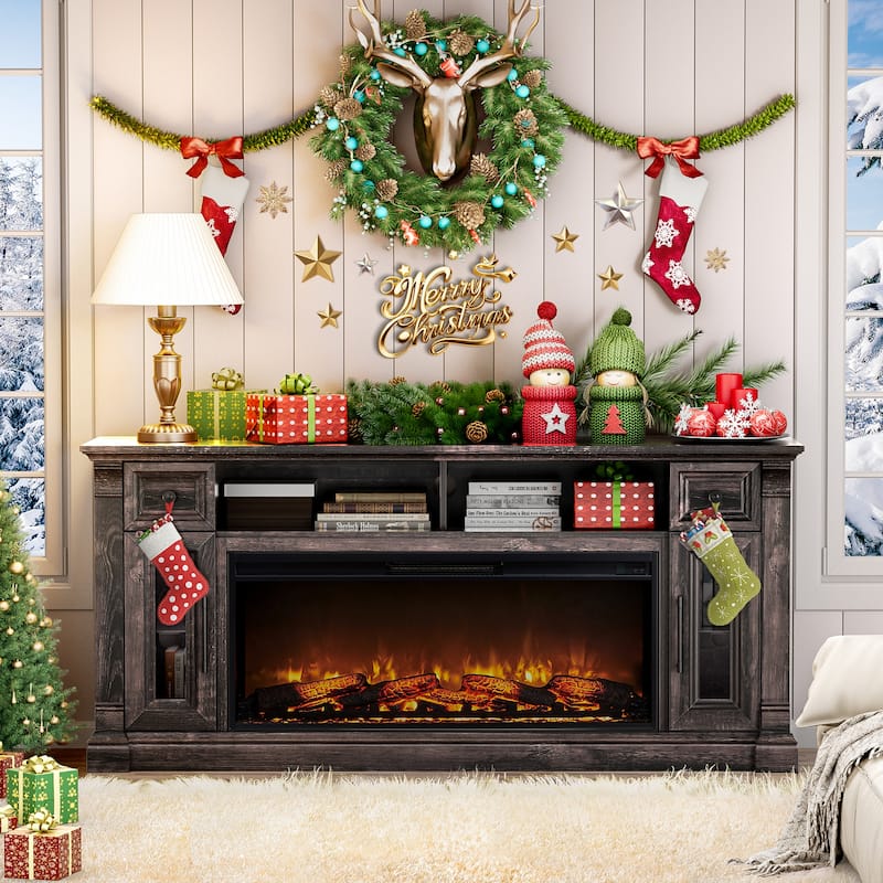 Fireplace TV Stand for 80" TV, Entertainment Center with LED Lights - Black