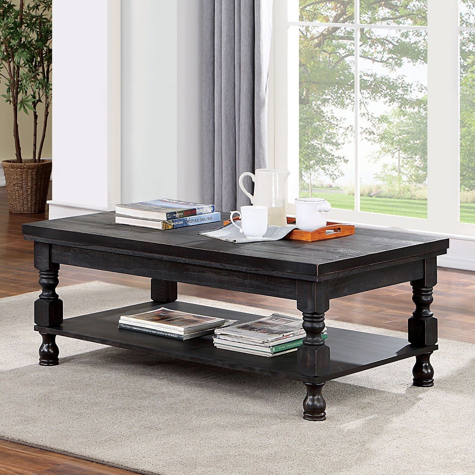 Rustic Style Antique Black 1Pc Coffee Table Open Bottom Shelf