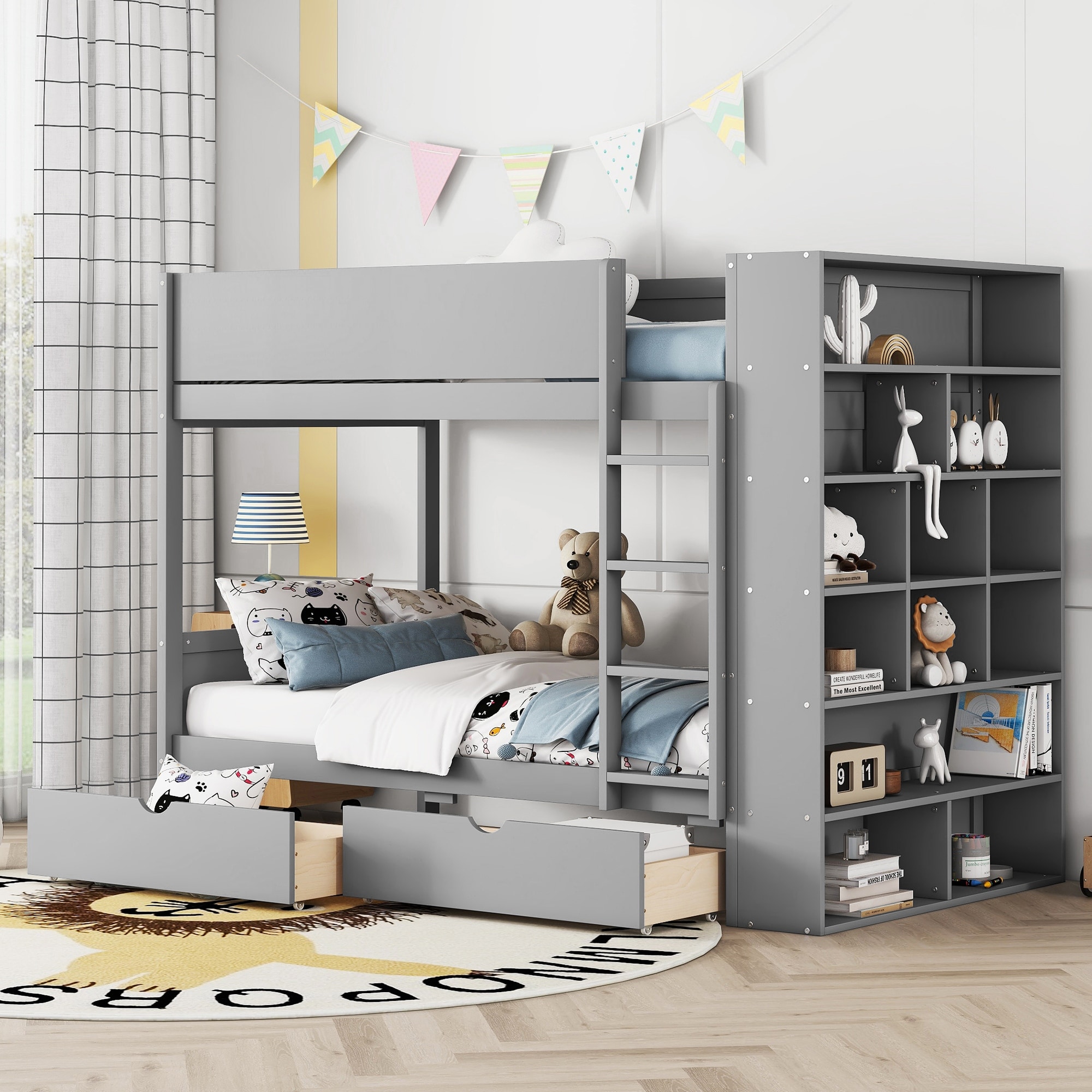 Functional Twin over Twin Solid Wood Bunk Bed Kids Bed with 2 Drawers and Multi-layer Cabinet,Safety Design
