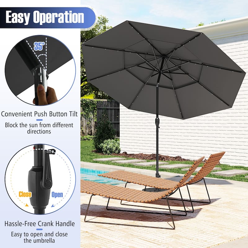 Gymax 10 FT Solar Patio Umbrella w/ 32 LED Lights 3-Tier Vented Top