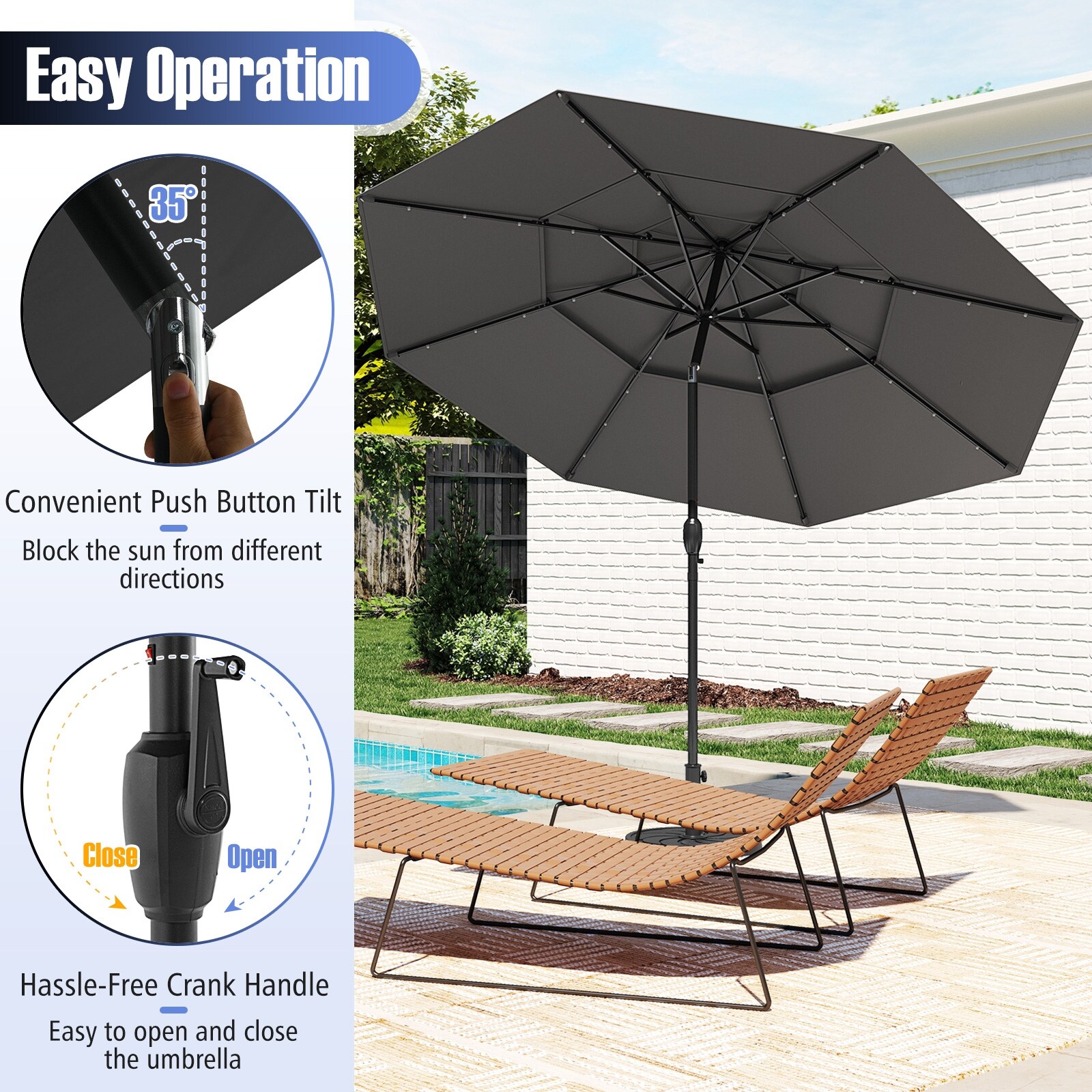 Polyester 10.3ft Solar LED Patio Umbrella with Auto Tilt and Crank - Overstock - 42934949 Polyester 10.3ft Solar LED Patio Umbrella with Auto Tilt and Crank - Overstock - 42934949