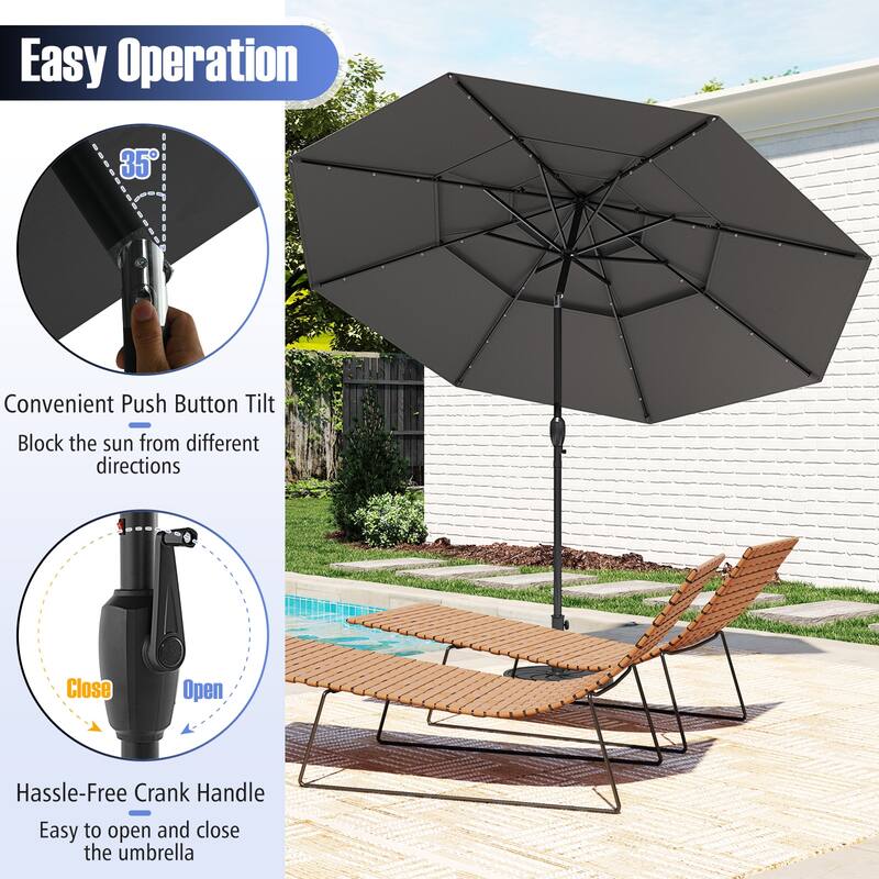 Polyester 10.3ft Solar LED Patio Umbrella with Auto Tilt and Crank