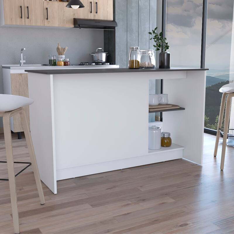 Spacious Kitchen Island with Double Door Cabinet, Open Shelves, Large Top - Black and Ibiza Marble