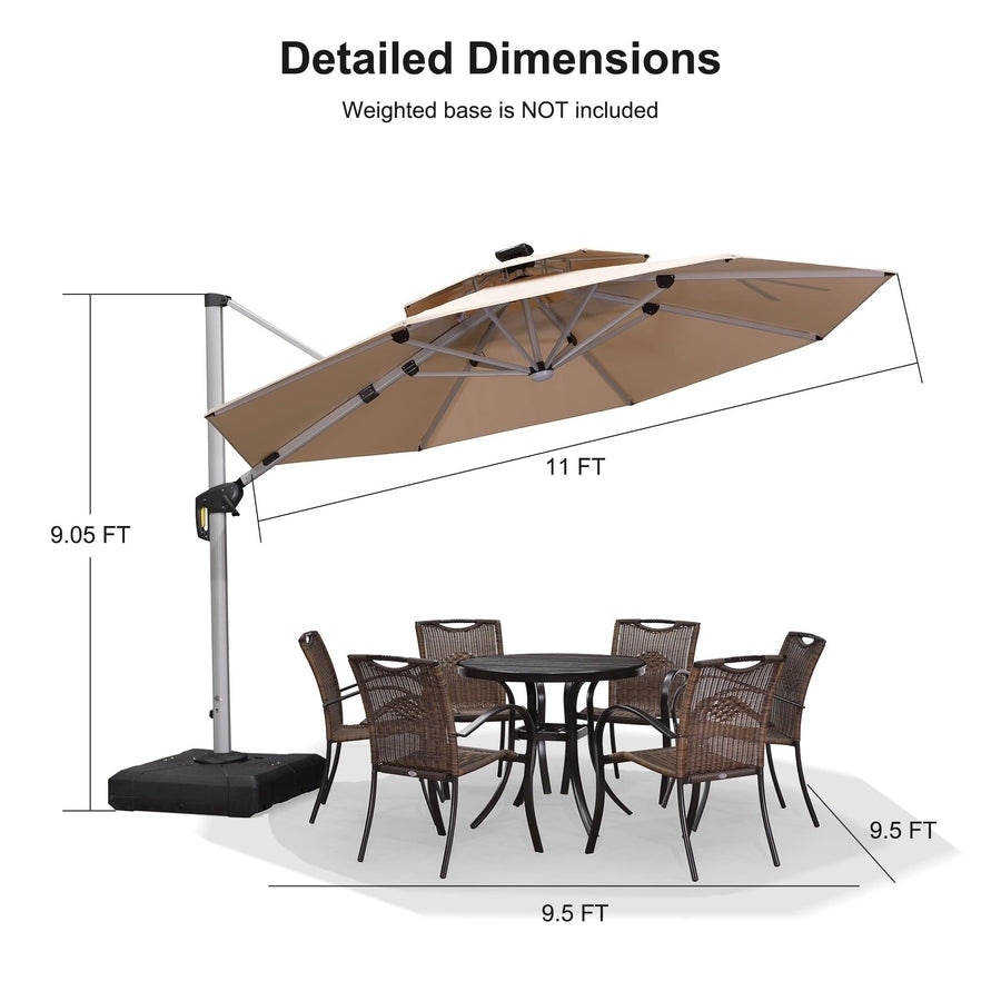 11 ft led round offset patio umbrella Best Choice Products 10ft 360 Rotating Cantilever Hanging Market w/ Solar Lights the umbrella gains a higher compressive capacity 270gsm solution BONOSUKI 11FT LED Cantilever Patio