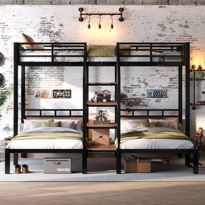 Black Triple Metal Bunk Bed with Built-In Storage Stairs and Shelving‌.