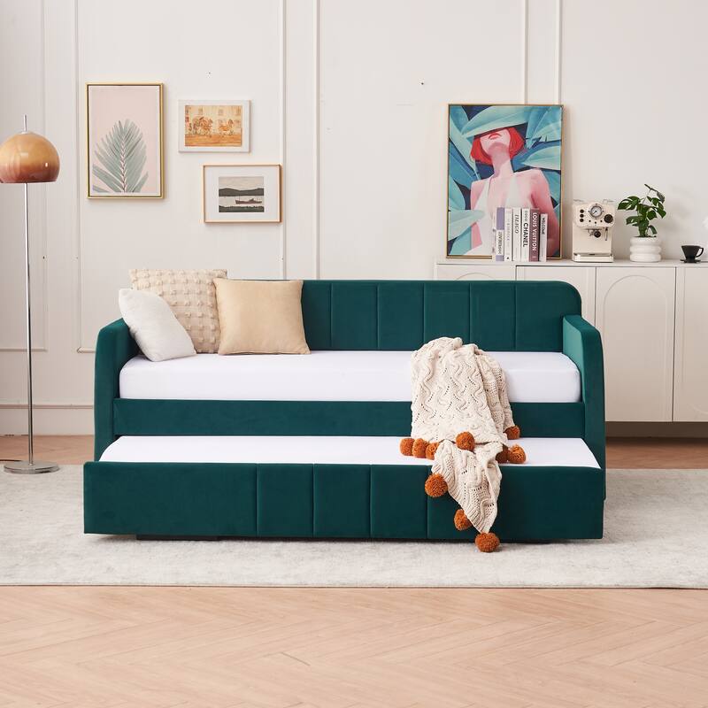 Twin Size Velvet Upholstered Daybed, Wood Sofa Bed Frame Daybed Couch with Trundle Bed and Wood Slat
