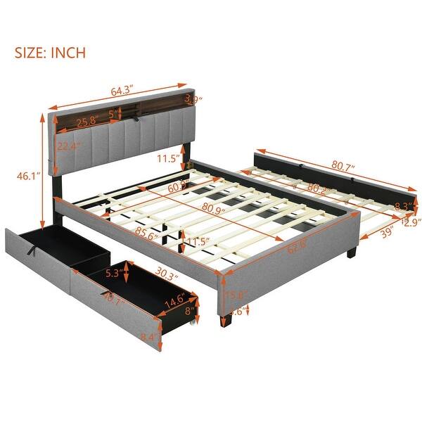 dimension image slide 1 of 2, Queen size Upholstered Platform Bed with Storage Headboard, Twin XL Size Trundle & 2 drawers and a set of Sockets & USB Ports