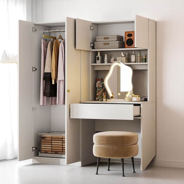 Wooden Wardrobe Closet with Vanity Table, Mirror, and Drawers, 2 Door White Storage Armoire - Bed Bath & Beyond