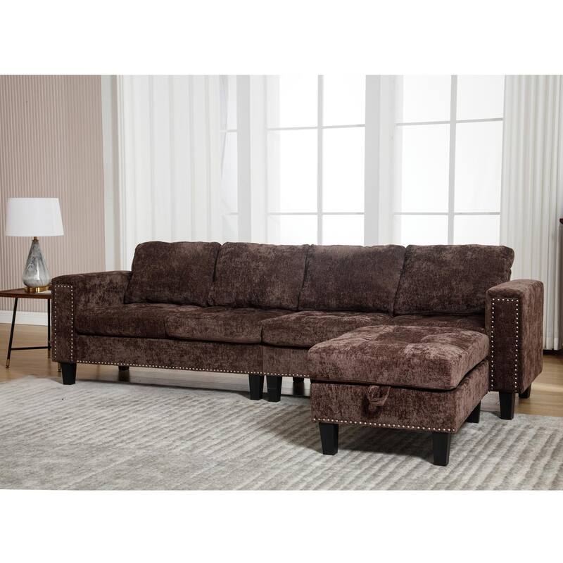 Contemporary Modular Sectional Sofa with Chenille Upholstery and Storage Ottoman for Living Room or Guest Room