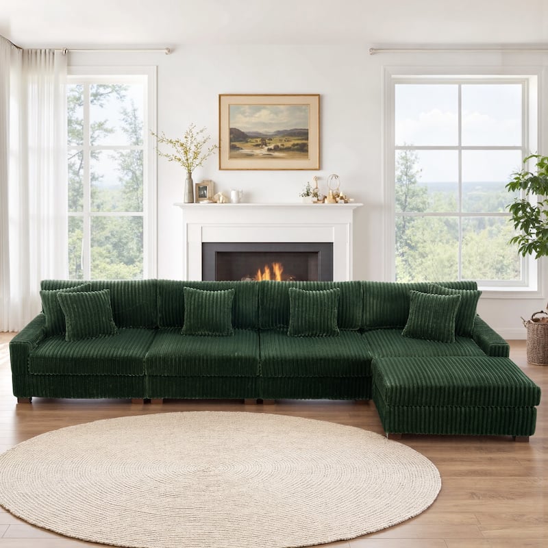 Anne 150" W Upholstered Plush Corduroy Modular Sectional Sofa - 5-Piece Green