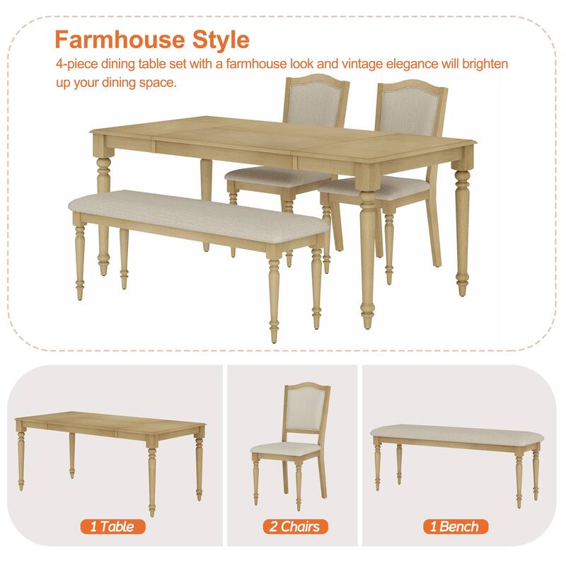 4-Piece Dining Table Set with Bench, Table and Chairs for 4-6, Oak