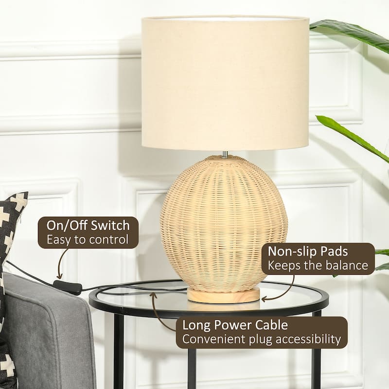 HOMCOM Nautical Style Table Lamp, Bedside Reading Light with White Fabric Lampshade and Rattan Base for E26 LED or Halogen Bulb