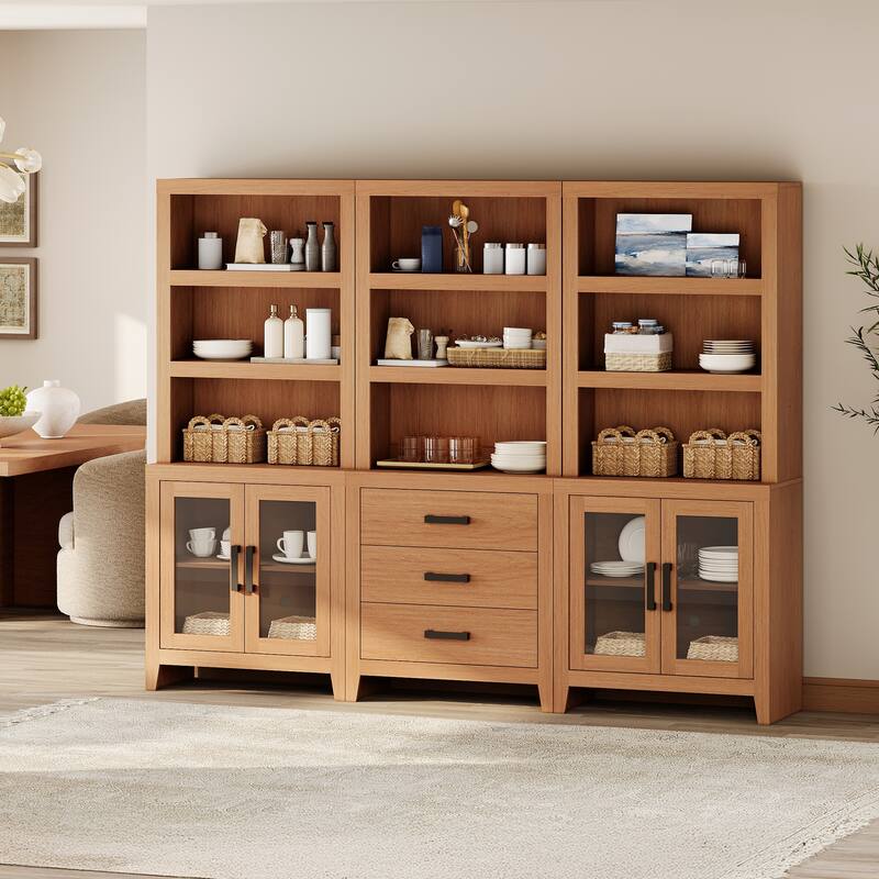 WAMPAT 74" Tall Bookshelf with Glass Doors and Drawers, Farmhouse Bookcase with Adjustable Shelves