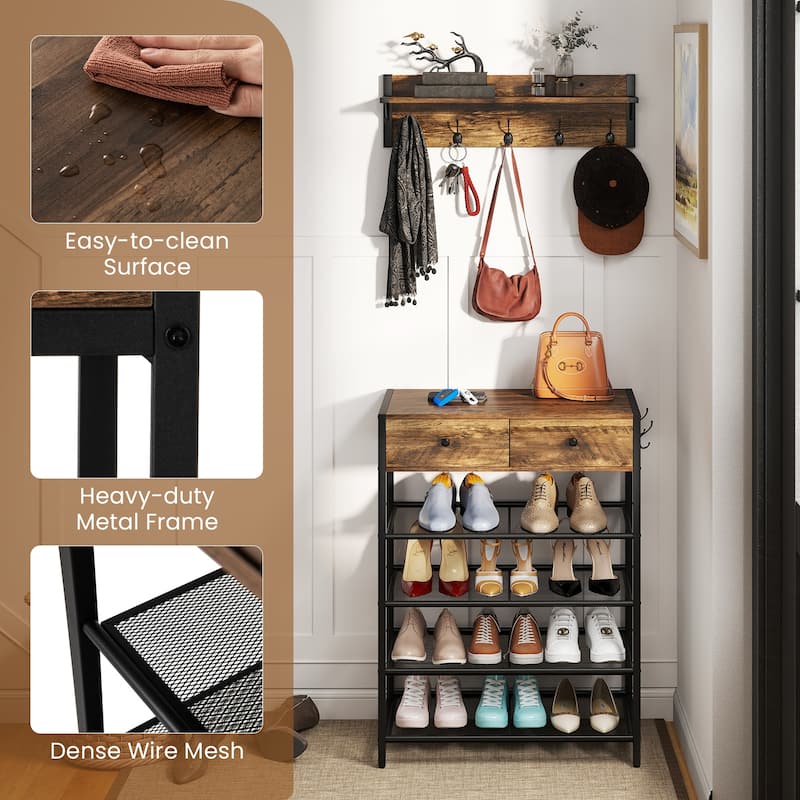 Gymax 5-Tier Shoe Rack w/ Wall-Mounted Coat Rack Hooks Drawers &