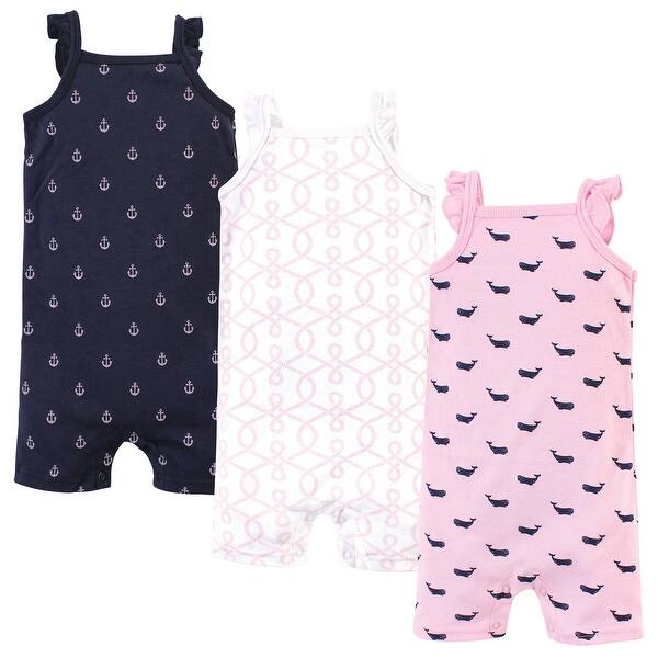 slide 1 of 1, Hudson Baby Infant Girl Cotton Rompers 3pk, Pink Whale 0 - 3 Months - Blue/Pink