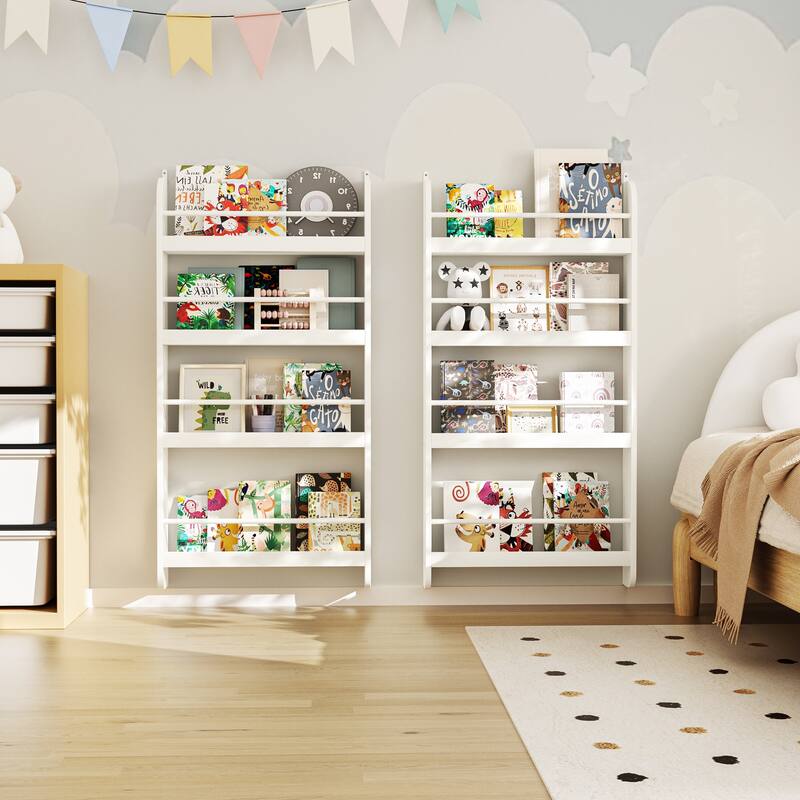 4-Tier Kids Bookshelf, Wall Mounted Kids Bookcases Organizer for Toys and Books
