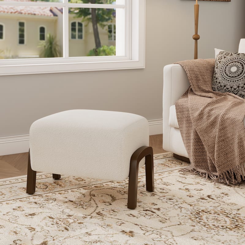 Upholstered Ottoman, Wooden Legs, White, Boucle