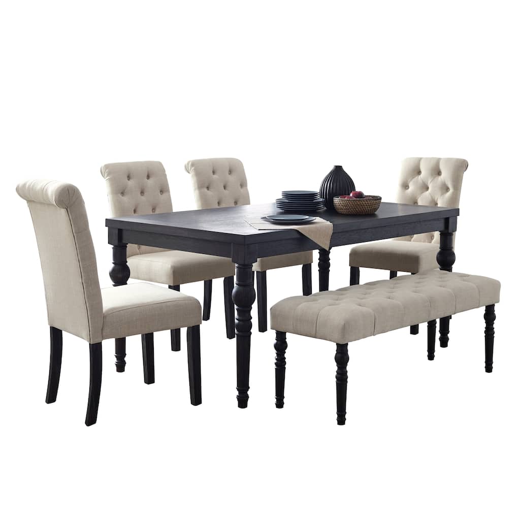 Button Tufted Upholstered Bench, Upholstered Dining Chairs, Tan Dining Table and Chairs Set with Rectangular Table