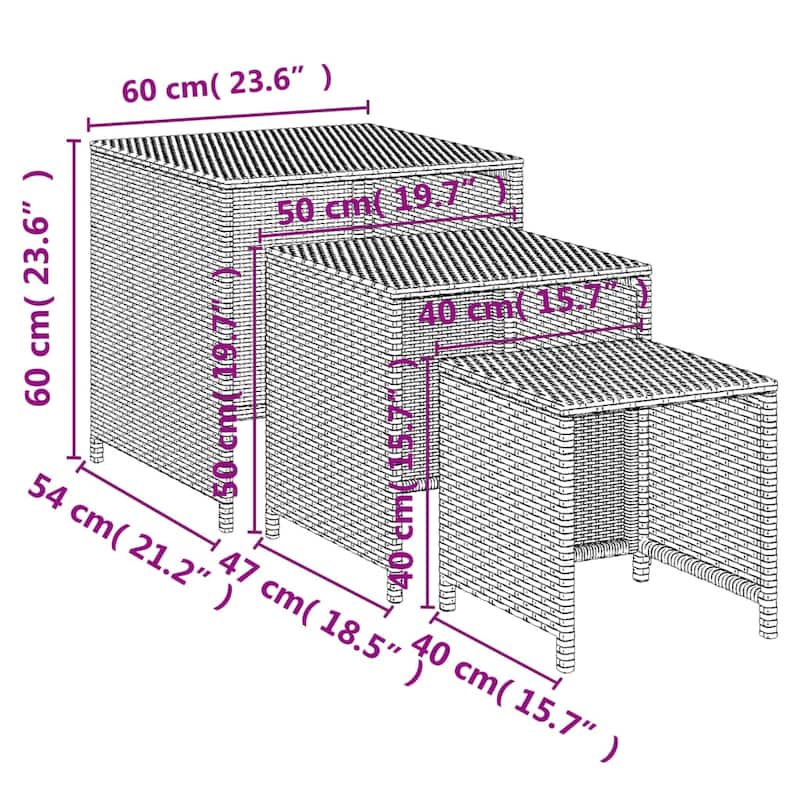 vidaXL Nesting Tables 3 pcs Brown Poly Rattan - 23.6" x 21.3" x 23.6" - Black