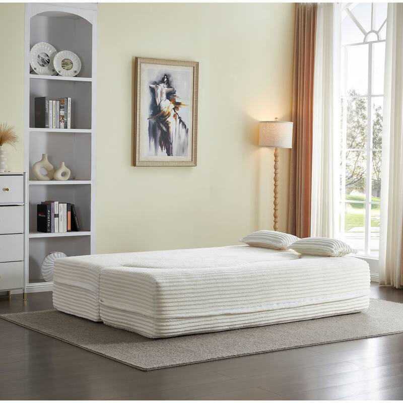 Floor Sofa With 2 Pillows,Convertible Plush Corduroy Foam-Filled Sleeper Sofa Bed,15" Full Size Folding Mattress,Guest Bed