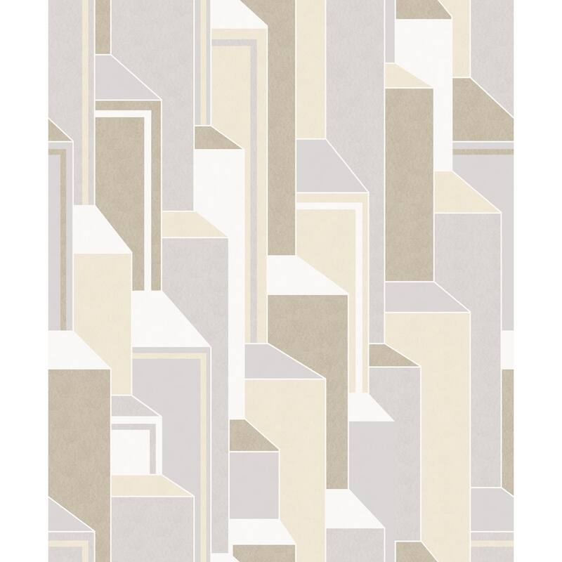 Hartford, Deco Geometric 33' L X 20.5" W, Art Deco Wallpaper Roll - French Vanilla & Pavestone