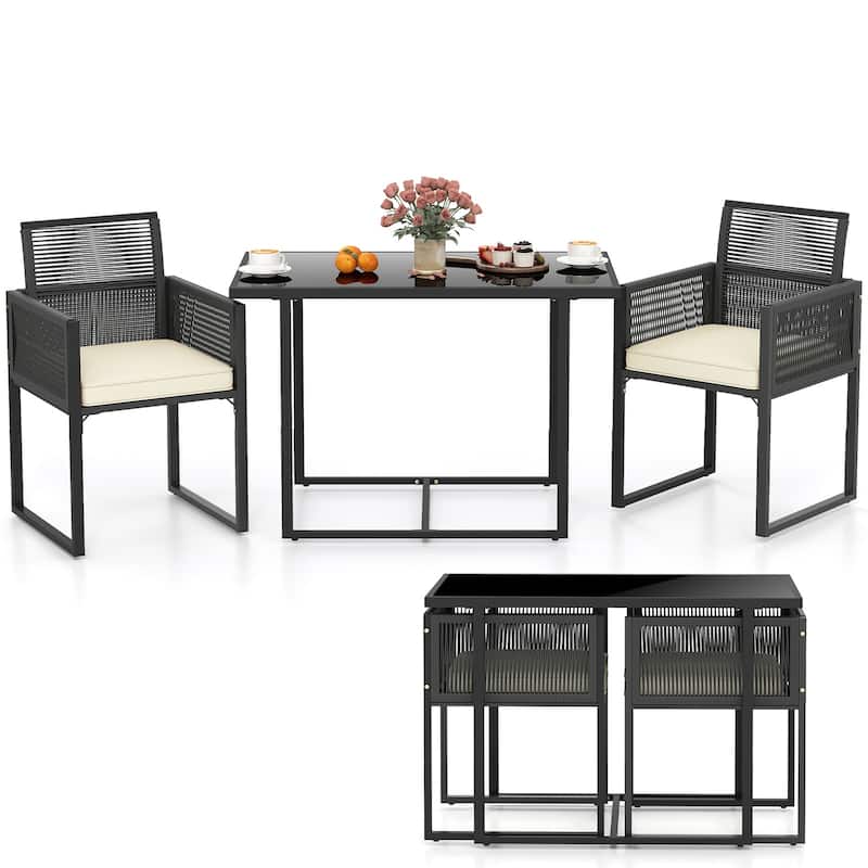 Gymax 3PCS Patio PE Wicker Furniture Set Cushioned Chairs w/Folding - White