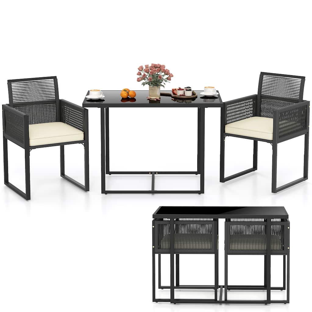 Gymax 3PCS Patio PE Wicker Furniture Set Cushioned Chairs w/Folding