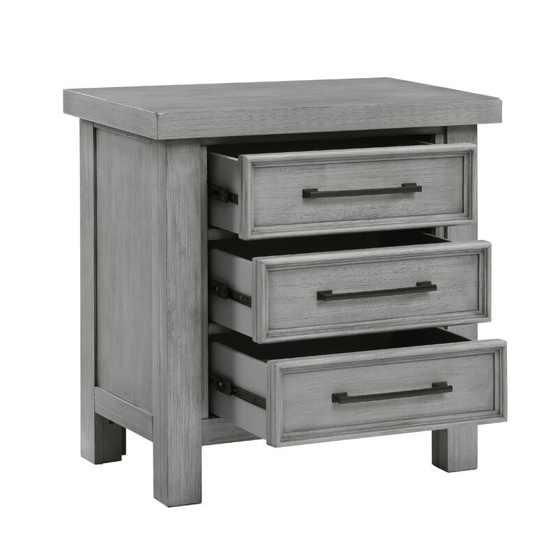 Daisy Nightstand, Gray Mango Veneer, 3 Drawers, Bronze Metal Knobs