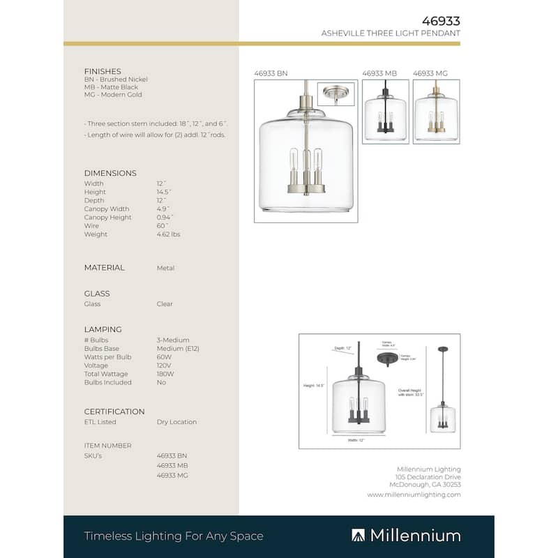 Millennium Lighting Asheville 3 Light Pendant Fixture with Clear Glass Shades