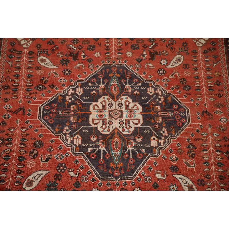 Vegetable Dye Handmade Shiraz Persian Vintage Rug Orange Wool Carpet - 6'2"x 9'4"