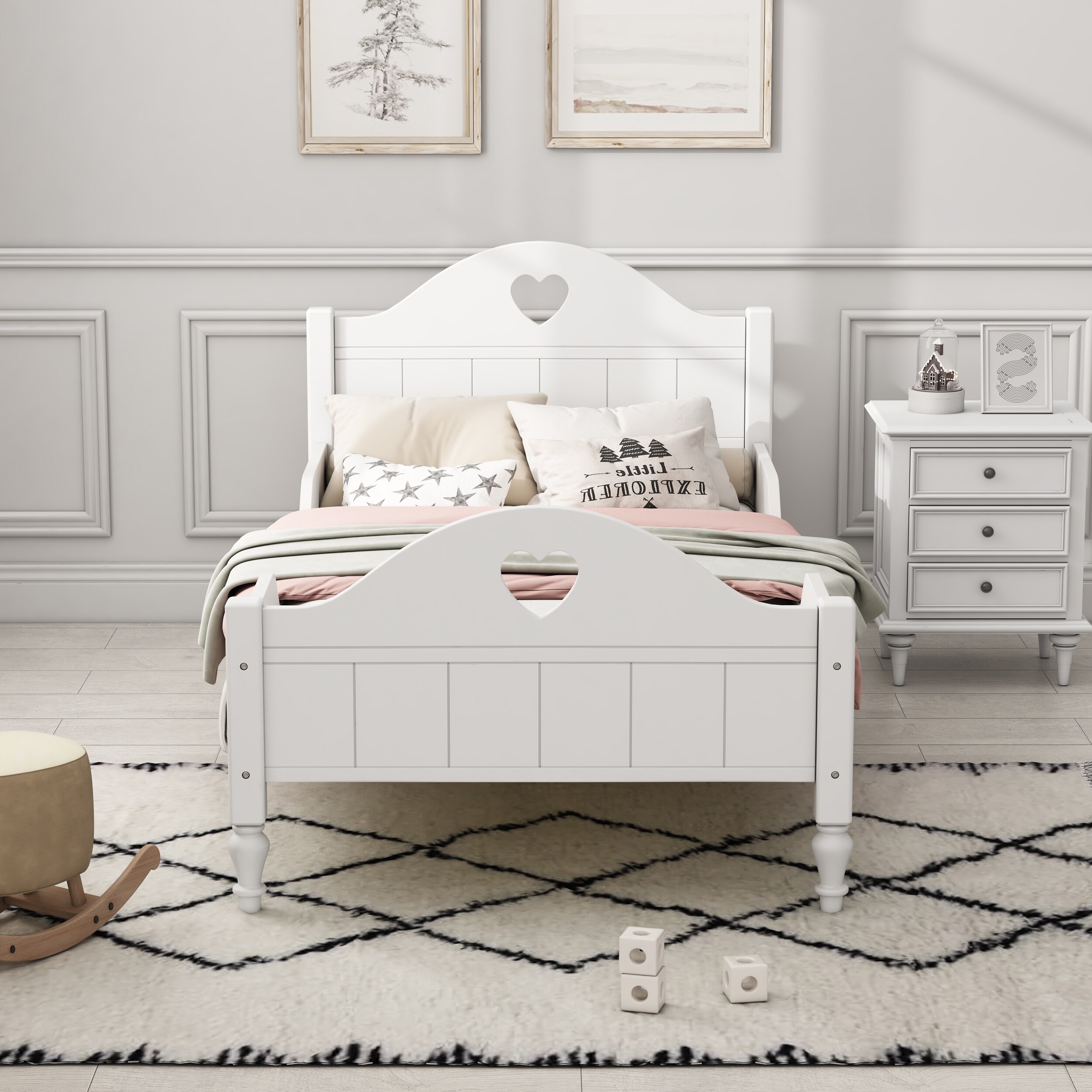 Macaron Twin Size Toddler Bed with Side Safety Rails and Headboard