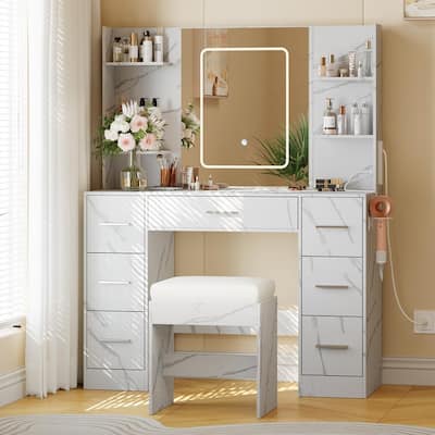 Vanity Desk with LED Lighted Mirror and Stool, 7 Drawers, 6 Open Shelves