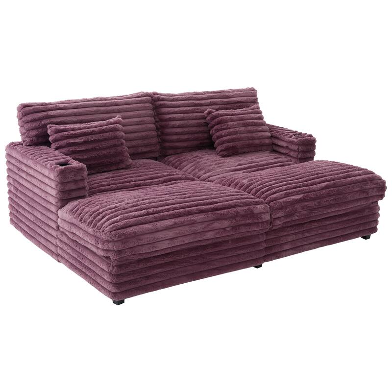 Oversized Double Chaise Lounge Sofa, Living Room 2 Seater Sofa Upholstered Sleeper Sofa Bed Daybed with USB Ports & Cup Holders