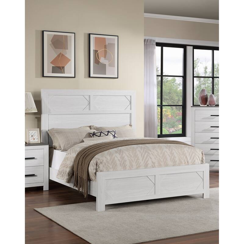 Queen Size MDF Panel Bed with High Headboard and Unique Design - White