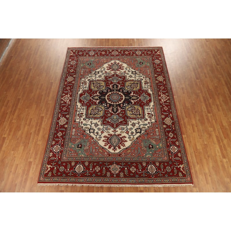 Hand Knotted Oriental 100% Wool Carpet Traditional Medallion Beige & Ivories Heriz (serapi) Area Rug - 12' 2'' X 8' 9''