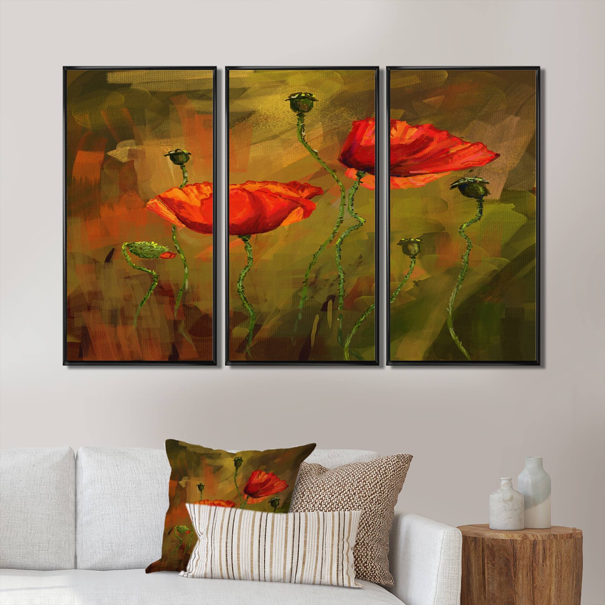 Designart "Watercolor Poppy Flowers" Floral Framed Art Prints Set of 3