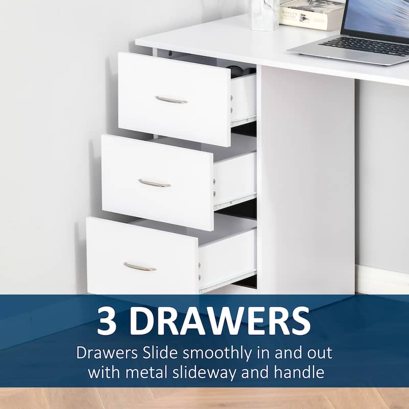 White MDF Desk with 3 Storage Drawers and Open Shelves for Home or Office