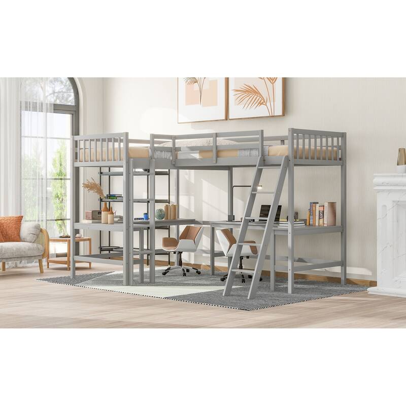 Space-Saving Twin L-Shaped Loft Bed with 2 Built-in Desks, Ladder, and Wooden Slat Support