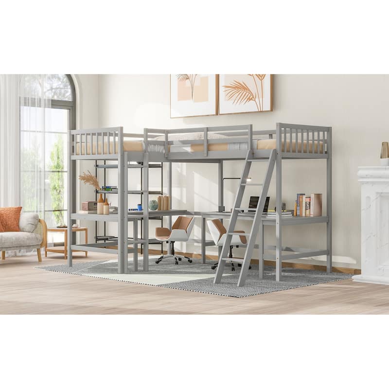 Wood Twin Size L-Shaped Loft Bed with Ladder and 2 Built-in L-Shaped Desks, Gray