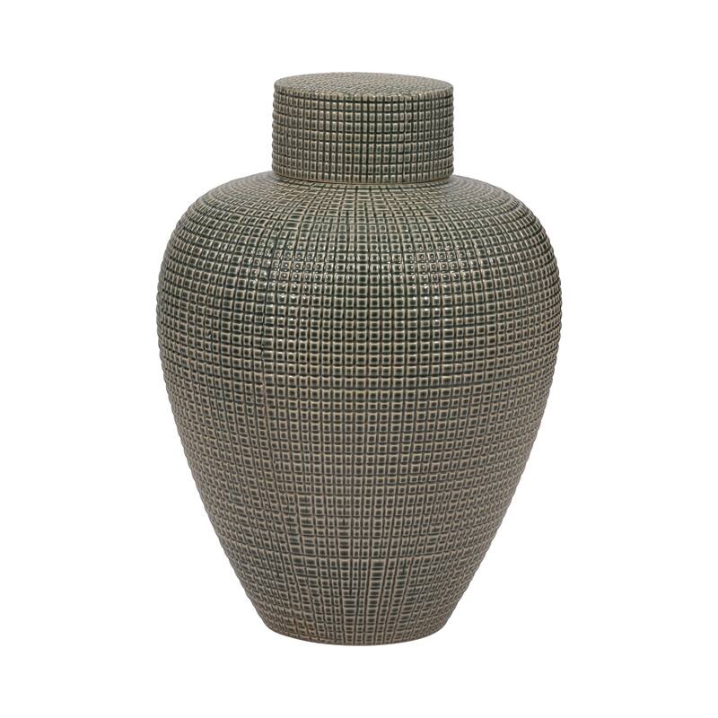 Sagebrook Home Dempsey Green Lidded Jar - Stoneware, Green, Checkered, Bud, Elegant Color, Perfect Accent Piece