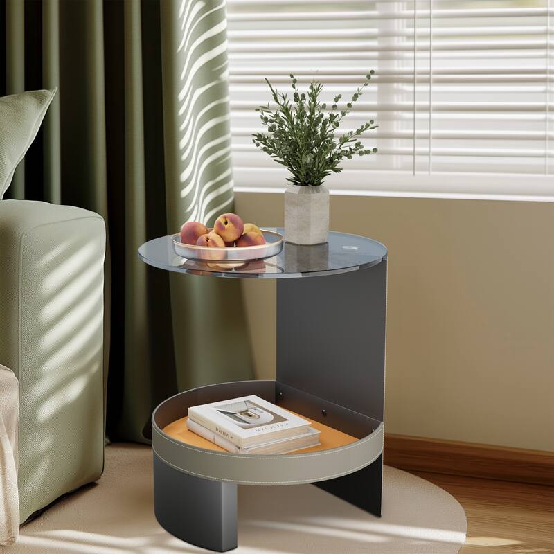 2-Tier Round Side Table Tempered Glass Top Handicraft Saddle Leather Basket