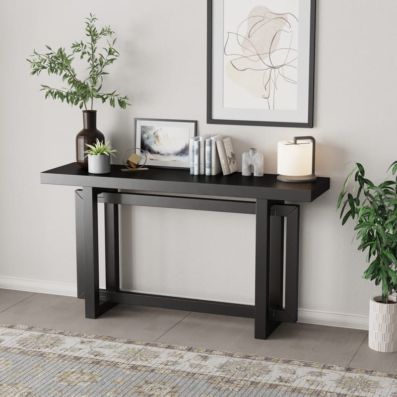 Modern Console Table Sofa Table with Concrete Top, 59'' Long Accent Entryway Table